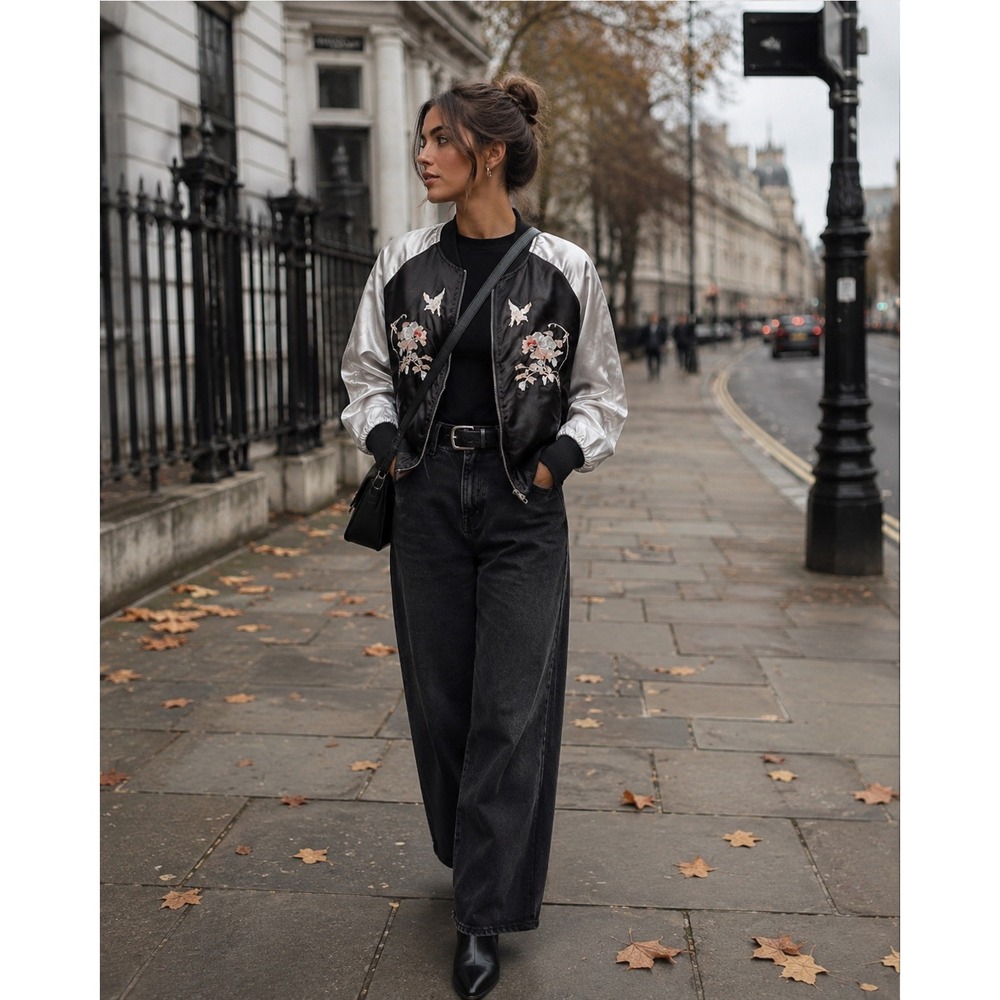 Miss London Women's Silky Floral Bomber Jacket Size XL Artsy Streetwear Glam
